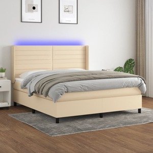 vidaXL Posteľ boxsping s matracom a LED krémová 180x200 cm látka