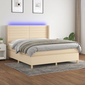 vidaXL Posteľ boxsping s matracom a LED krémová 180x200 cm látka