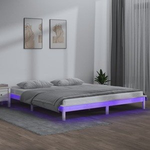 vidaXL Posteľný rám s LED, biely 150x200 cm, King, drevený masív