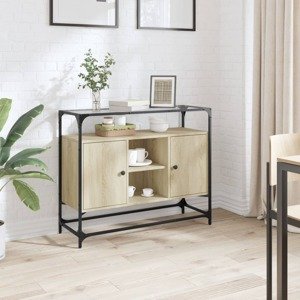 vidaXL Komoda sklenená doska dub sonoma 98x35x81 cm kompozitné drevo