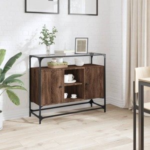 vidaXL Komoda sklenená doska hnedý dub 98x35x81 cm kompozitné drevo